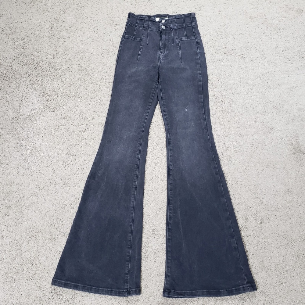Free People Jeans 27 Black Jayde Flare Bell Bottom Boho Casual Festival 70s - Picture 2 of 14